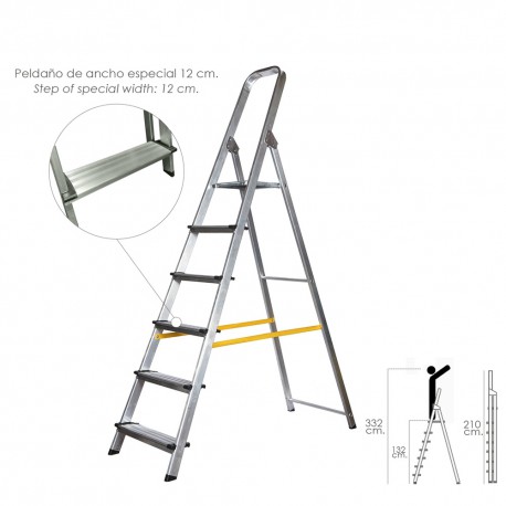 Escalera Doméstica Aluminio 6 Peldaños 12 cm Grosor.