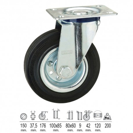 Rueda Industrial Goma Negra Placa Ø 150 mm.