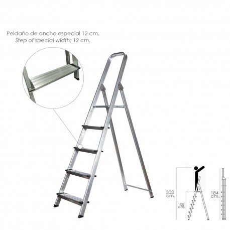 Escalera Doméstica Aluminio 5 Peldaños 12 cm Grosor.